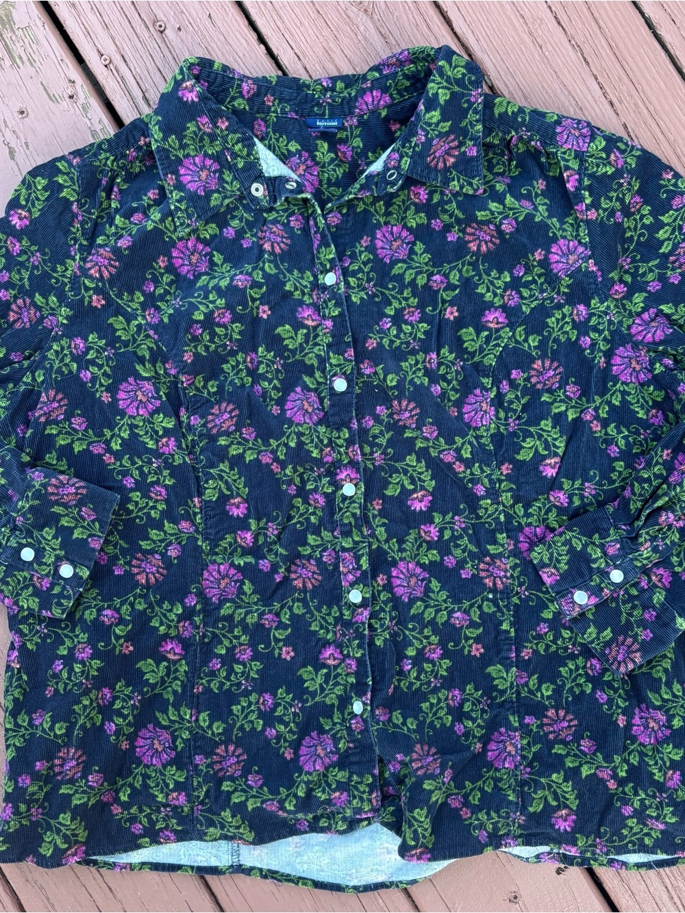 Basic Editions Navy Button Down Shirt with Pink Floral & Green Vines Size 2X